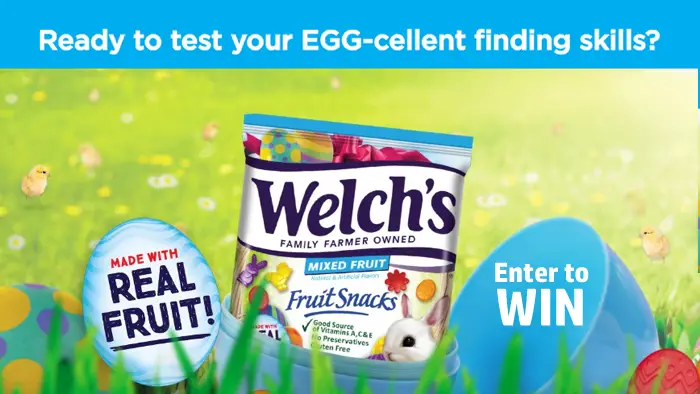 Play the Welch’s Fruit Snacks Easter Egg Hunt Spin to Win Game. Guess the correct hidden Easter eggs for your chance to win FREE Welch’s Fruit Snacks. Spin the wheel to win a Welch's Fruit Snacks Mega-Box, Backpack or $5 off code