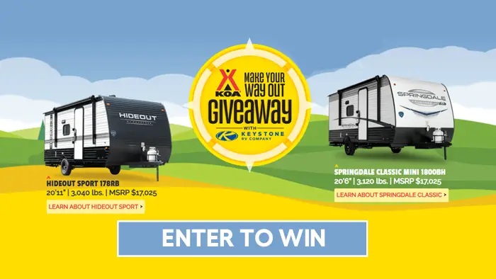 Enter for your chance to win your choice of Keystone RV. Winner will also receive a $500 USD KOA Gift Card and $1,000 USD to help outfit your new rig. Enter each day for more chances to win.