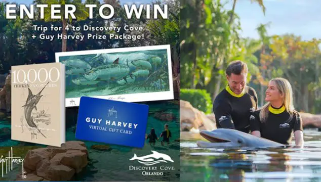 Enter for your chance to win a trip to SeaWorld in Orlando to swim with the Dolphins. Guy Harvey has teamed up again with Discovery Cove, a one-of-a-kind, all-inclusive day resort in Orlando, Florida, for a month-long social giveaway to celebrate the summer season. Valued at $4,600, the giveaway for a family of four includes a two-night hotel stay at a Discovery Cove partner hotel property; four signature dolphin swim + day resort packages to Discovery Cove, a private VIP cabana, premium drink packages (for guests 21+ years of age) and a complimentary digital photo package.