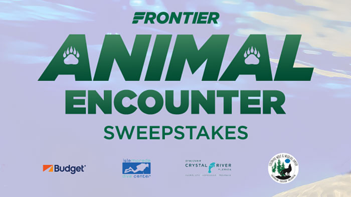 Enter the Frontier Airlines Sweepstakes for your chance to win 1 of 4 animal encounter getaways. Each prize package includes 2 round-trip flights and a 3-day car rental provided by Budget & Avis.