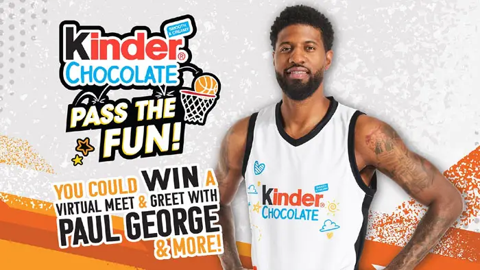 The Kinder® Chocolate "Pass the Fun" Sweepstakes is giving you the chance to win exciting basketball-themed prizes. Among the prizes are a virtual meet and greet with NBA star Paul George, signed Paul George merchandise such as jerseys and basketballs, and various Kinder Chocolate-branded items including regulation-sized basketballs, water bottles, mini hoops with balls, drawstring bags, and headbands. 