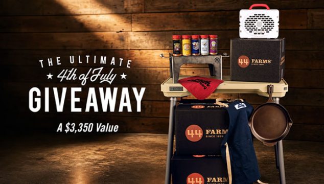 Enter 44 Farms 4th of July Giveaway. One winner will take home a Texas-sized prize, featuring 44 Farms premium Angus beef, elite outdoor gear, seasonings and grilling essentials valued at over $3,300
