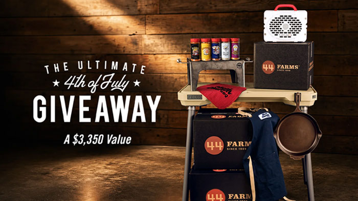 Enter 44 Farms 4th of July Giveaway. One winner will take home a Texas-sized prize, featuring 44 Farms premium Angus beef, elite outdoor gear, seasonings and grilling essentials valued at over $3,300
