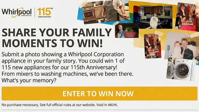 Whirlpool Corp. 115th Anniversary Sweepstakes (115 Prizes)